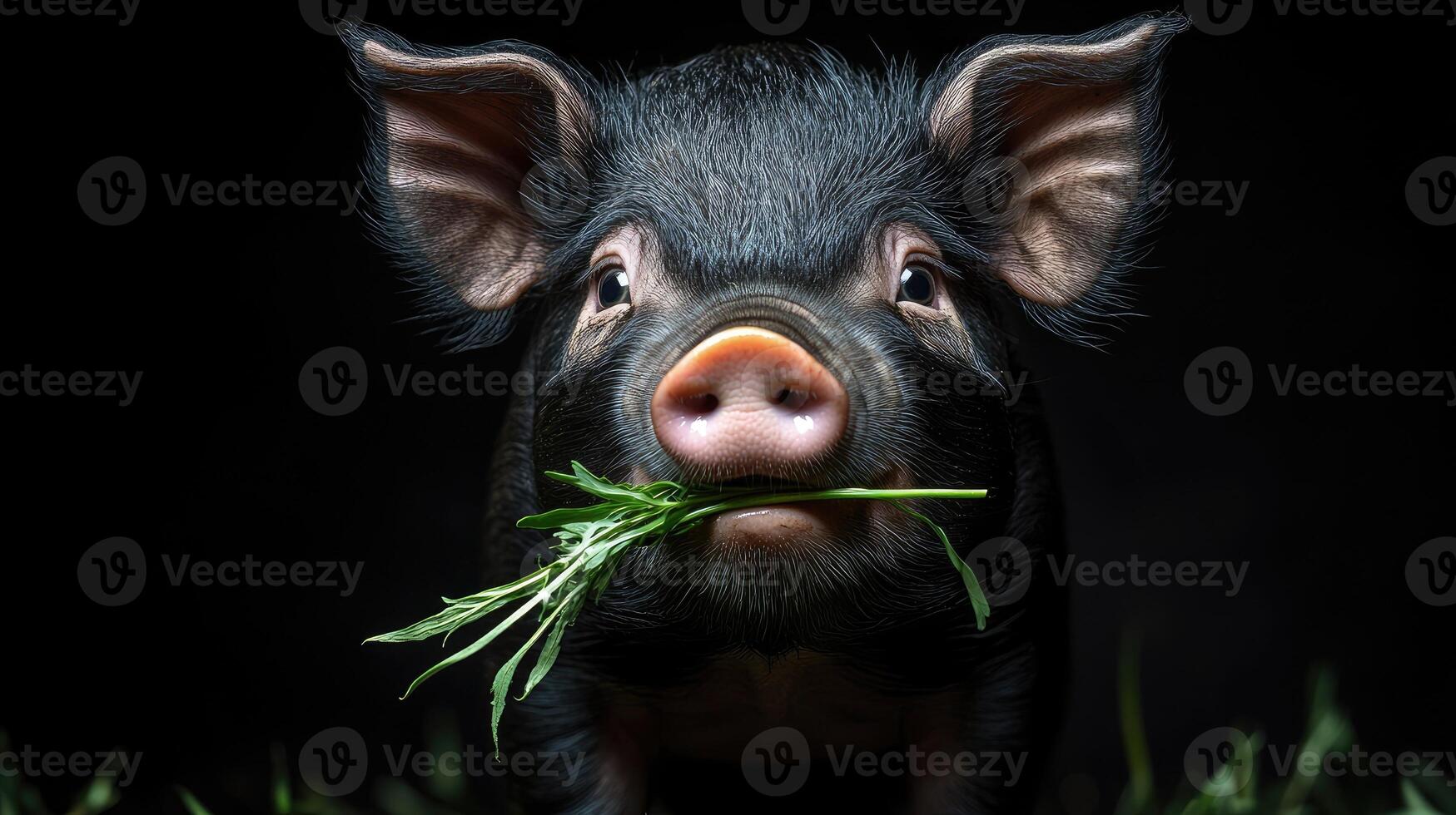 Black piglet enjoying fresh grass on black background photo