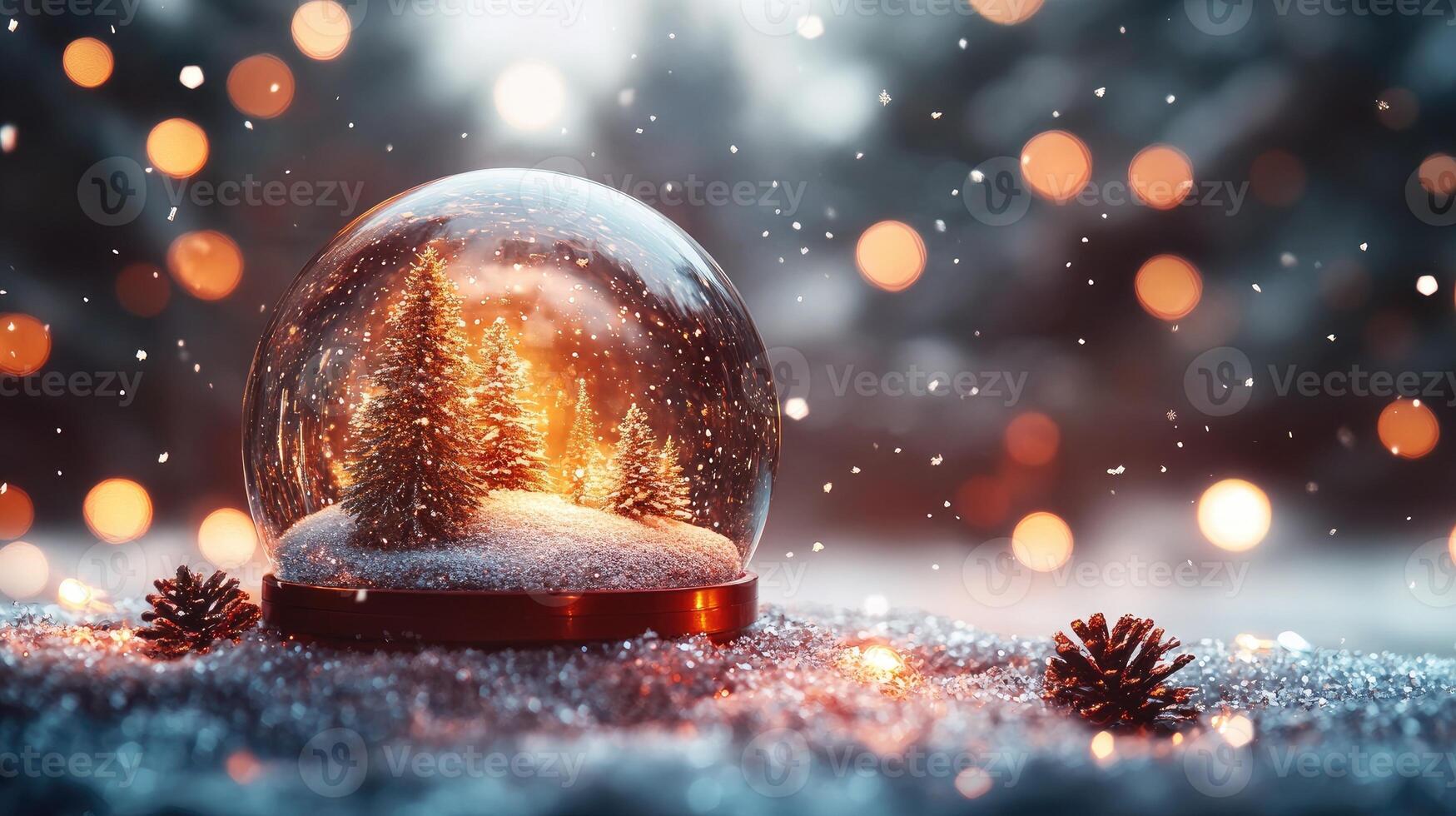 Snow globe showing snow falling on pine trees during christmas season photo