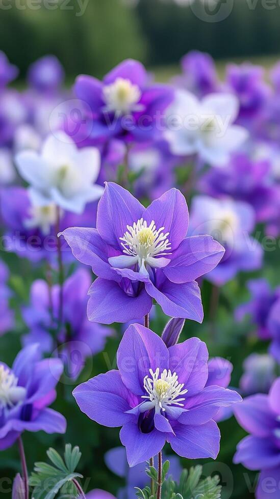 Delicate purple and white columbine flowers blooming in spring garden photo