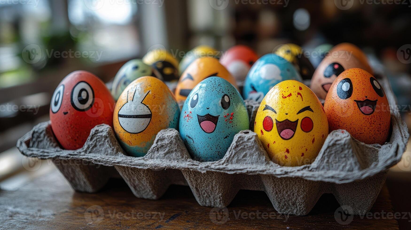 Ten colorful pokemon easter eggs smiling in a carton photo