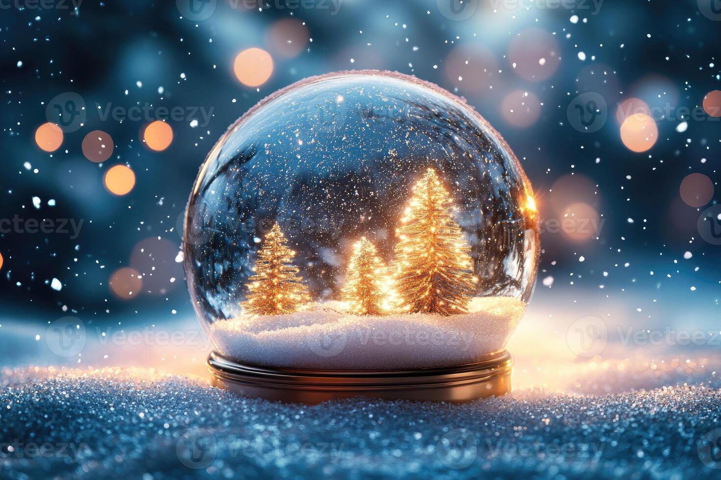 Christmas snow globe sitting on a snowy window sill with pine cones and string lights photo