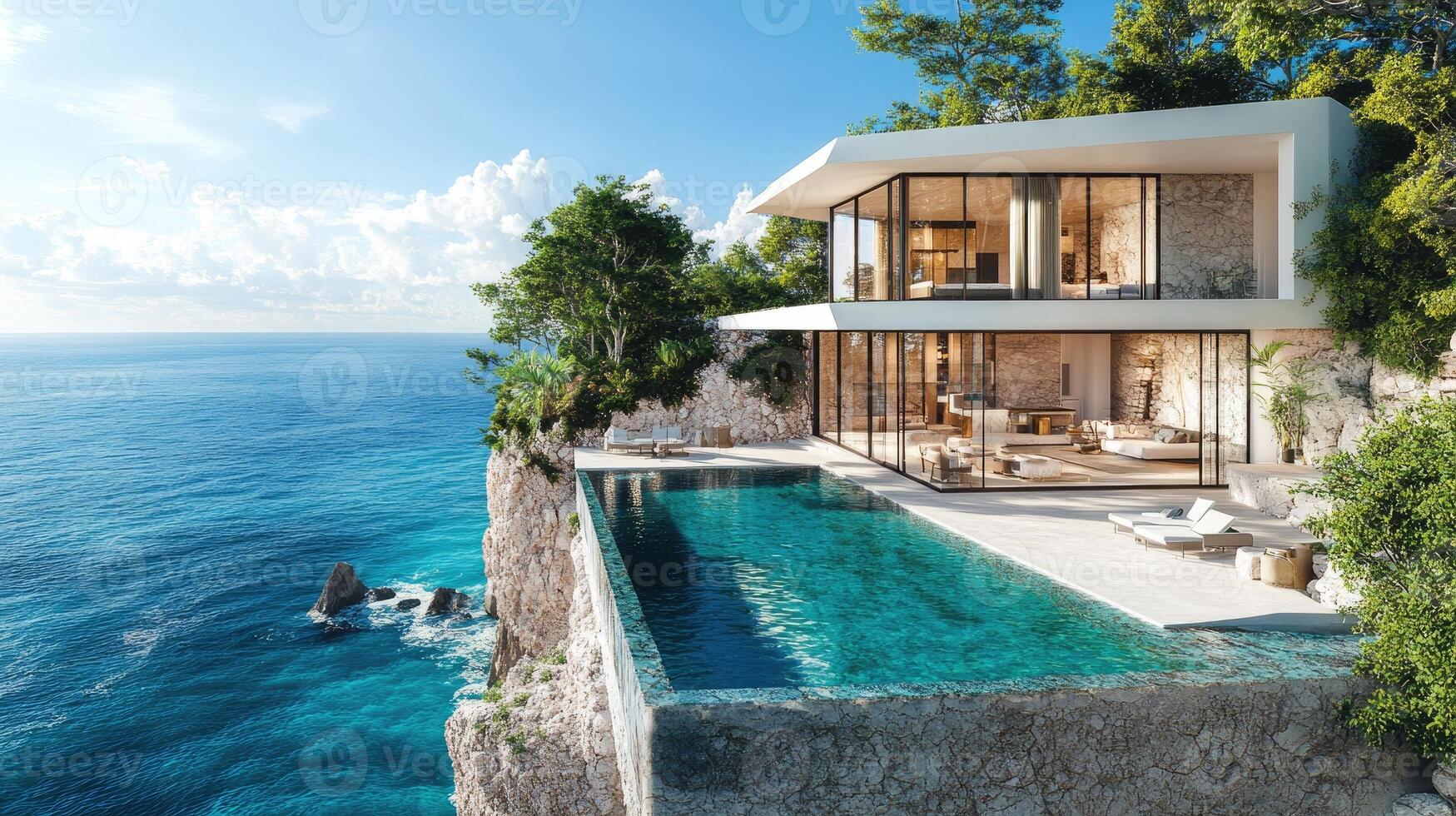 Modern luxury cliffside villa overlooking tranquil ocean with infinity pool photo