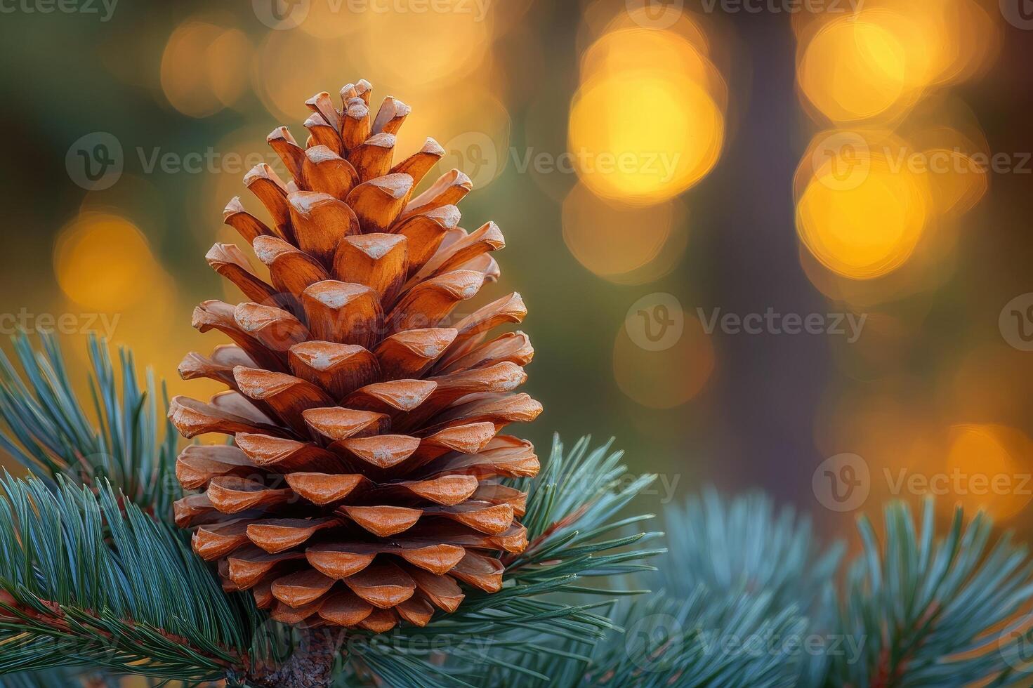 Pine cone resting on frosty autumn leaves at sunset photo