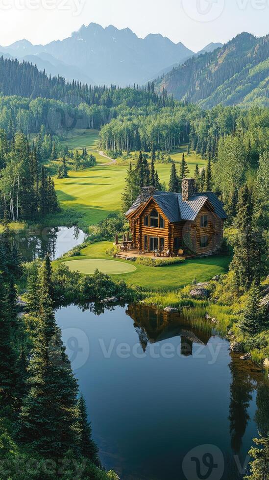 Luxurious log cabin reflecting in a serene mountain lake surrounded by forest photo