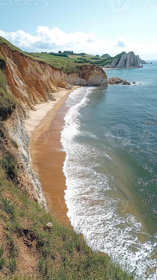Turquoise water crashing on secluded beach below green cliffs photo