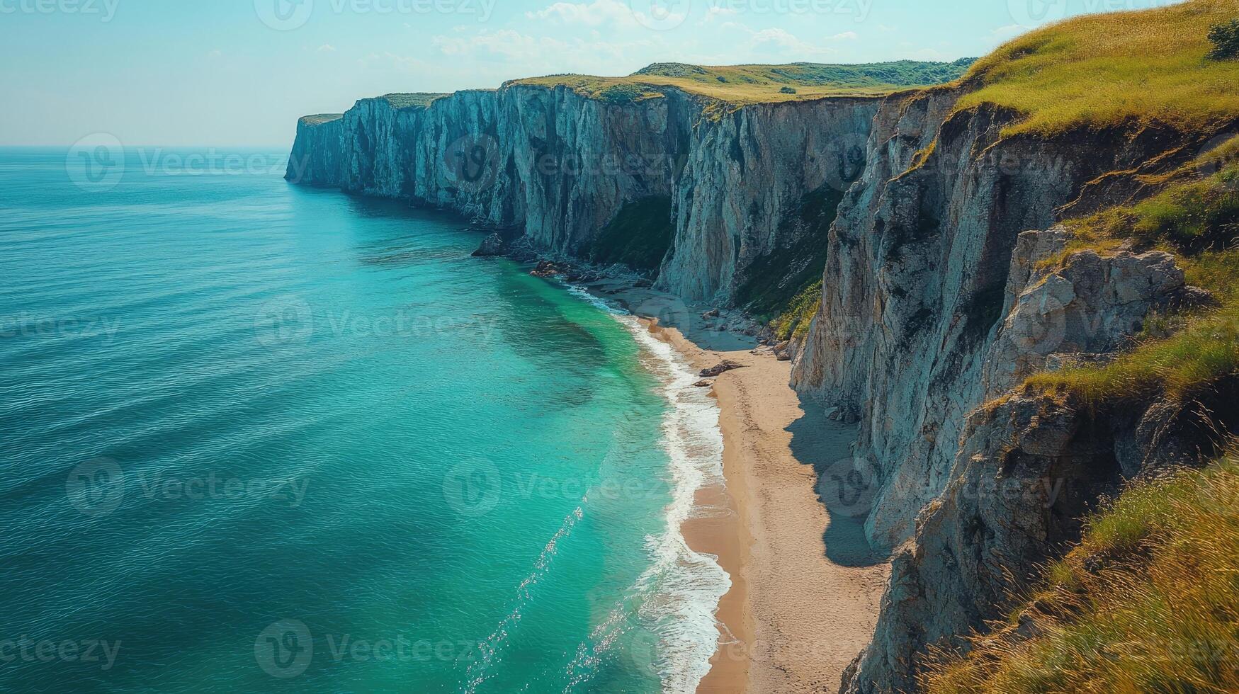 Turquoise water crashing on secluded beach below green cliffs photo