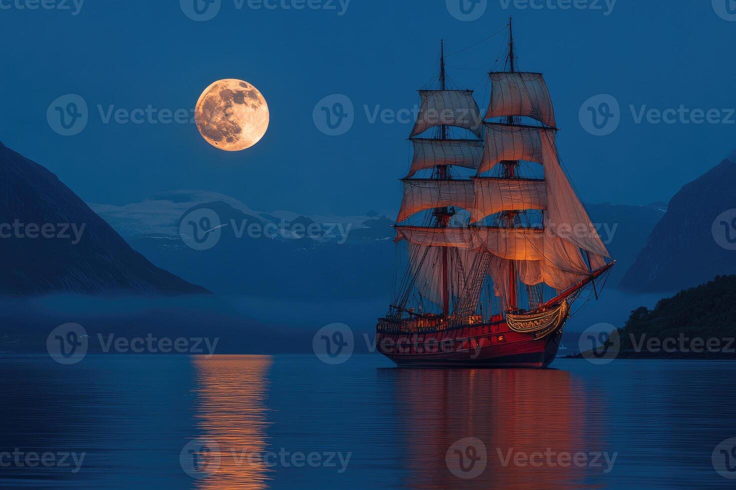 Old style sail ship sailing under full moon at night photo