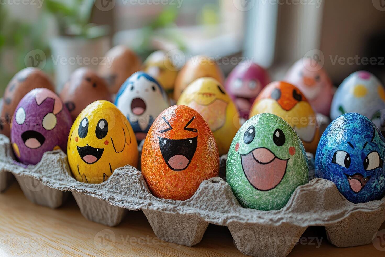Colorful pokemon easter eggs resting in carton on bed of green moss photo