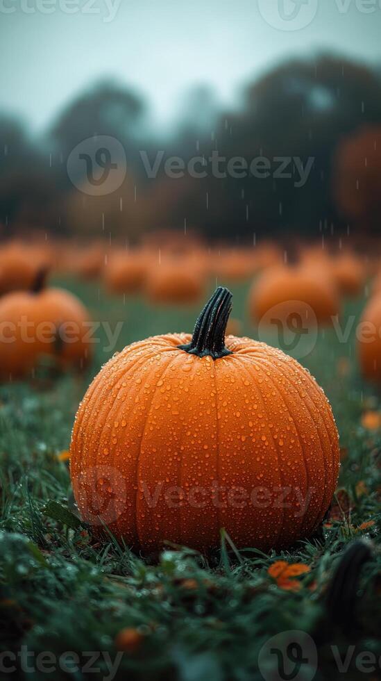 Bright orange pumpkin getting wet in pumpkin patch on rainy autumn day photo