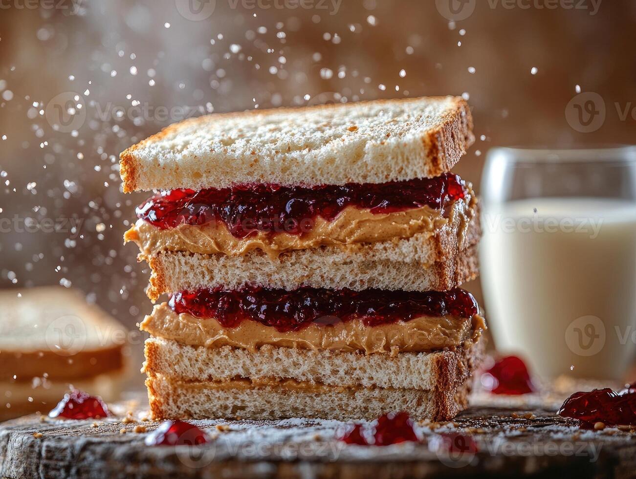 Stack of toasted sandwiches with peanut butter and jelly filling photo