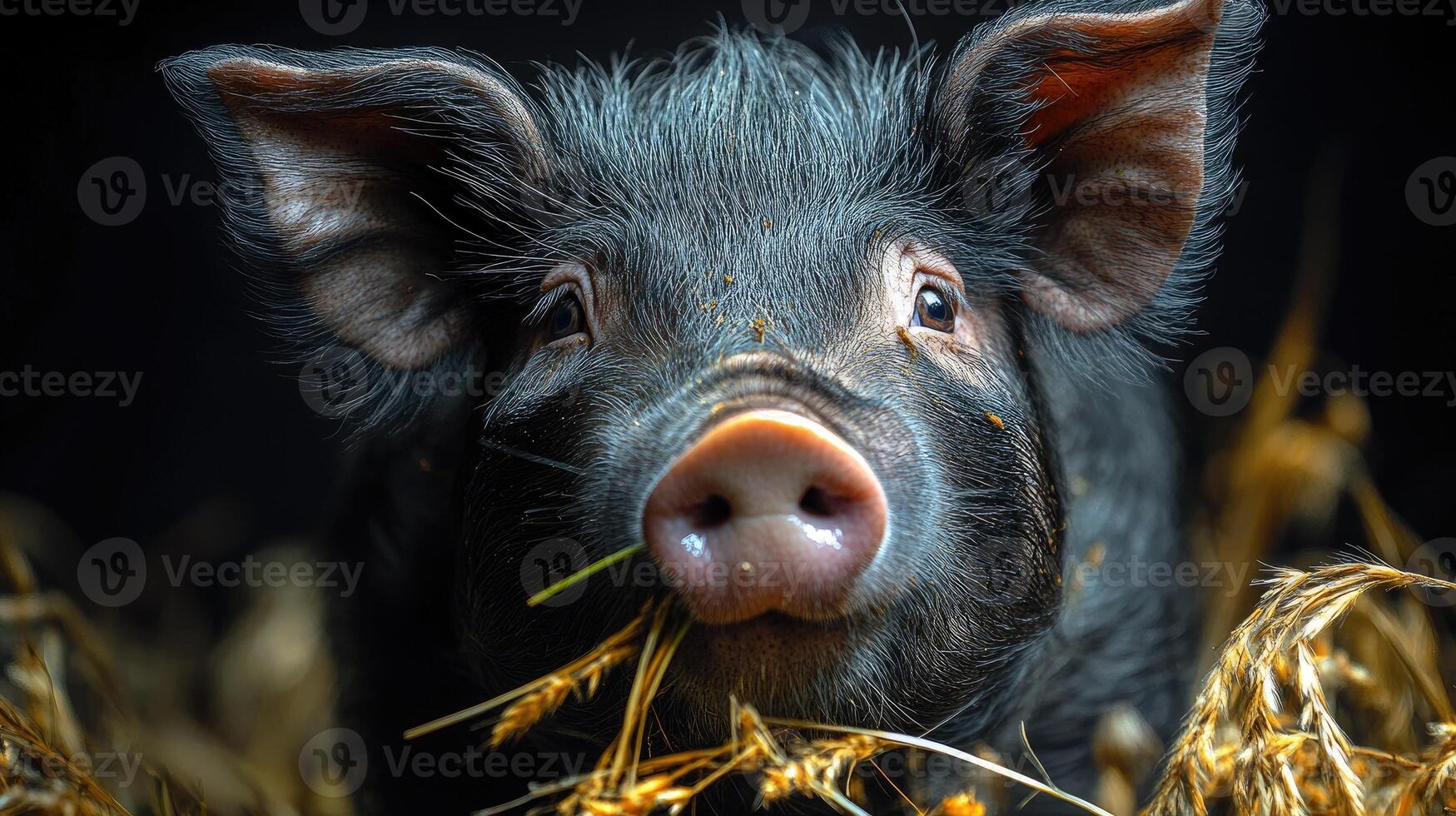 Black piglet eating hay in the farm photo