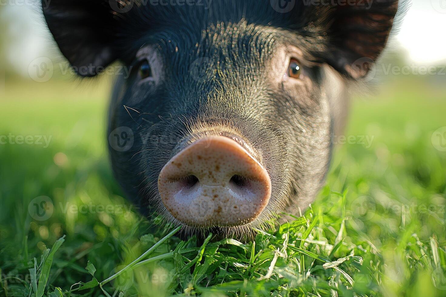 Curious pig lying in grass on a farm photo