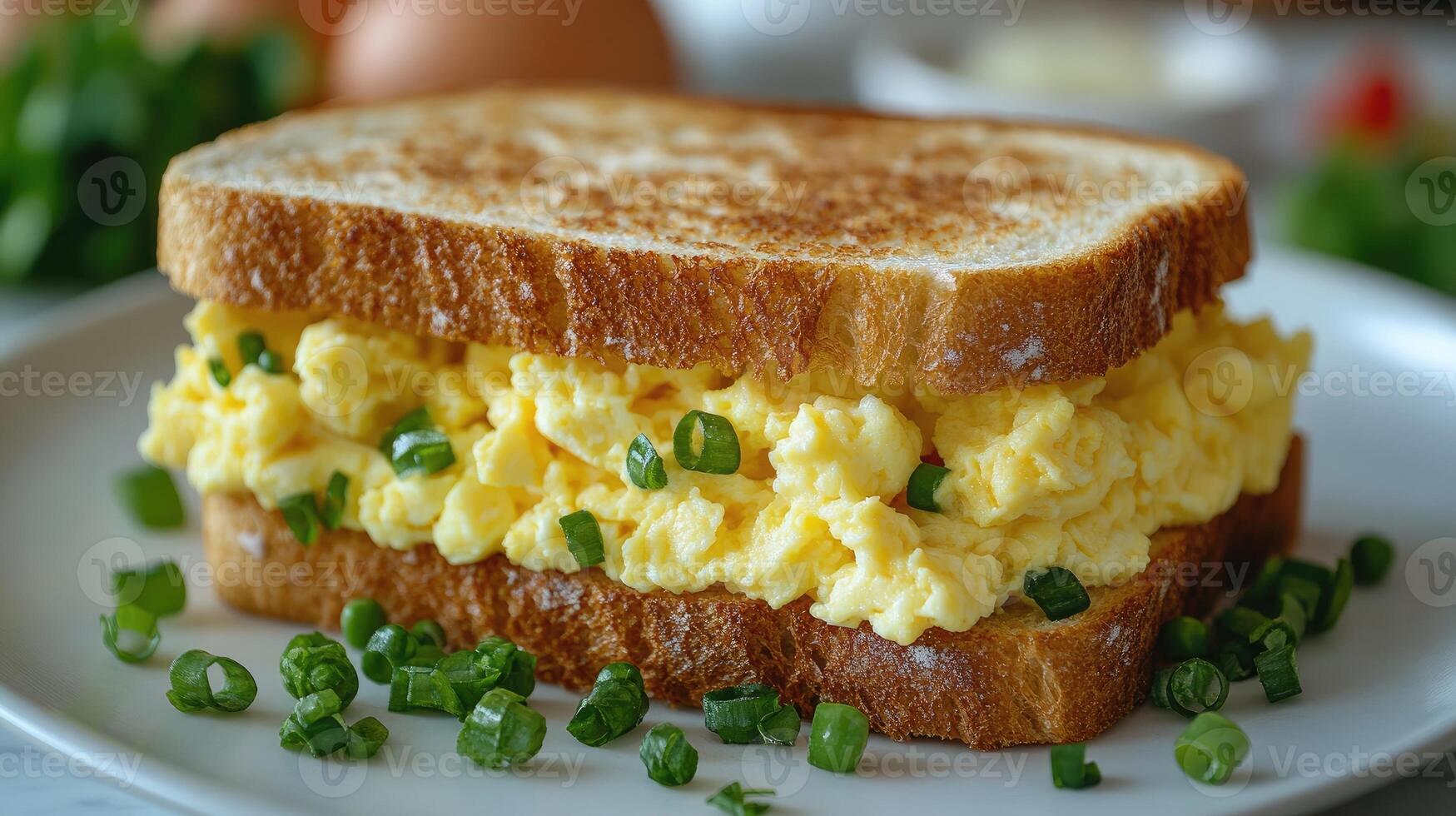 Delicious egg sandwich on toasted bread with parsley garnish photo