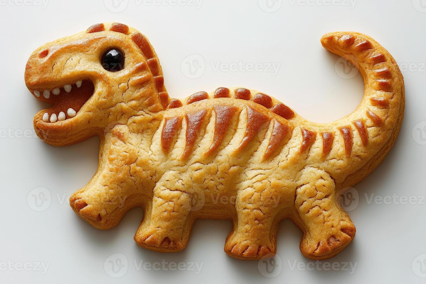 Smiling dinosaur cookie resting on white background photo