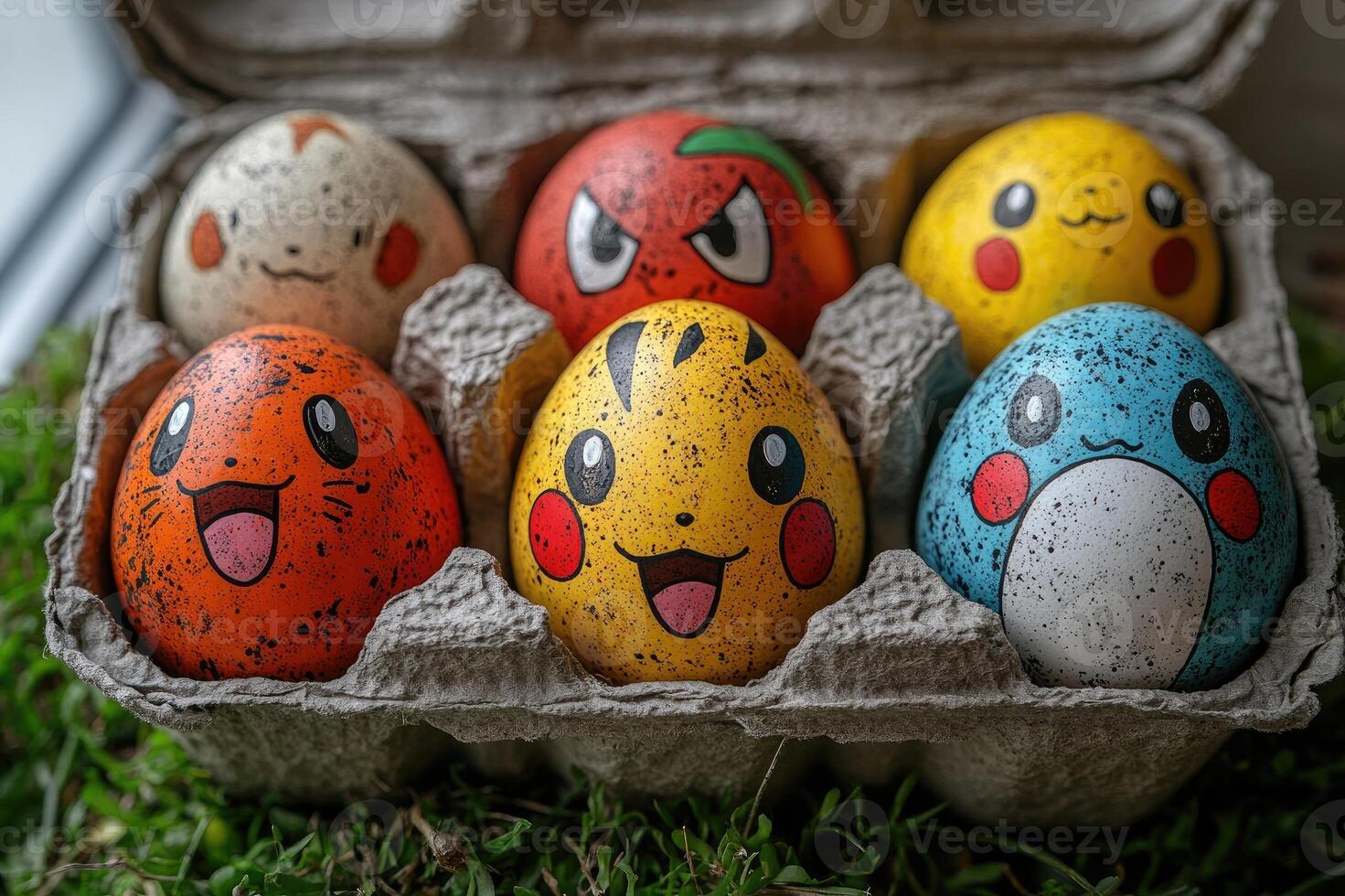 Ten colorful pokemon easter eggs smiling in a carton photo