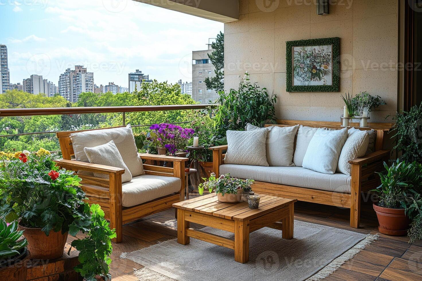 Modern balcony garden enjoying the cityscape view with comfortable furniture photo