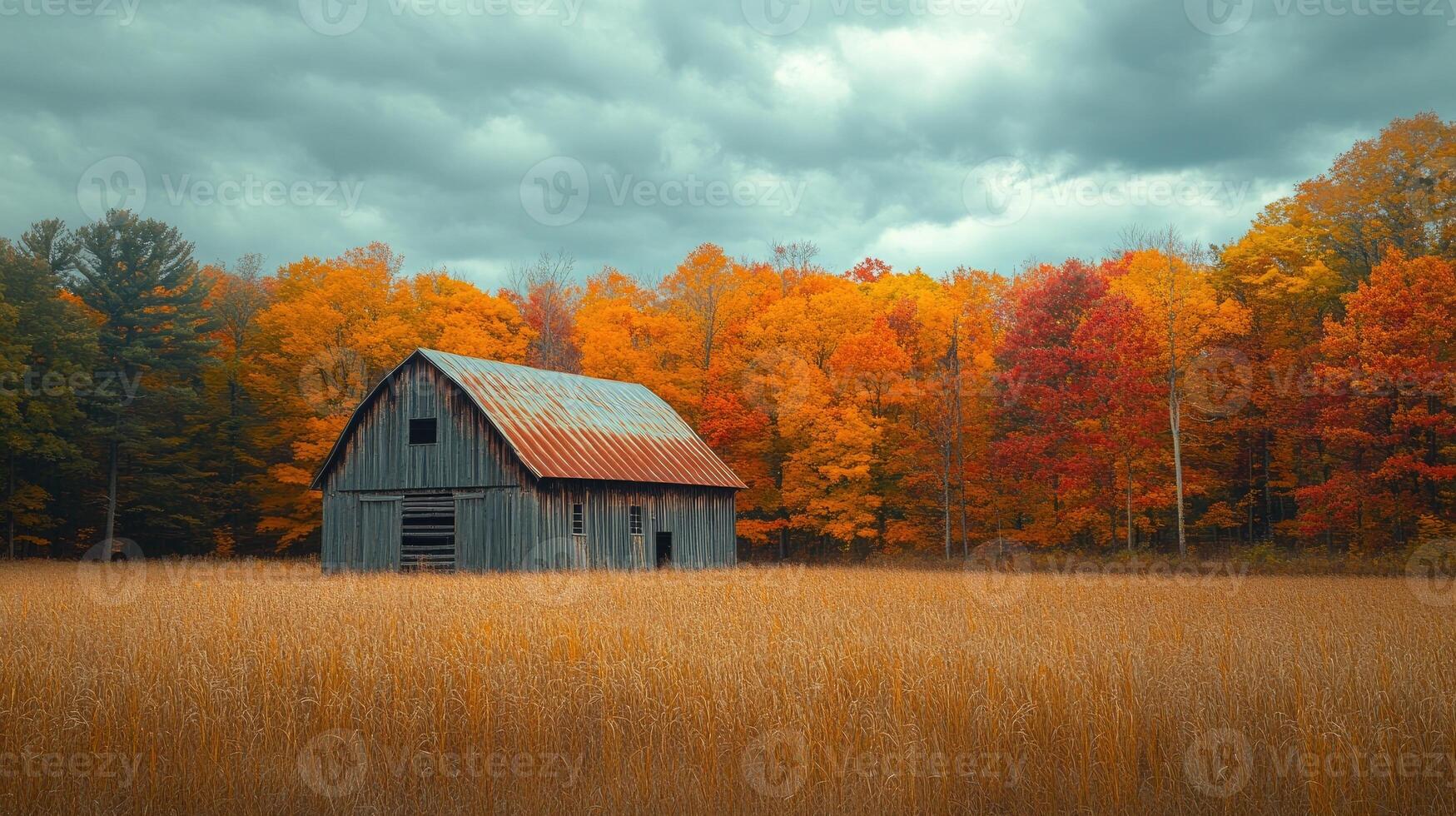 Old barn standing in a field surrounded by autumn colors photo