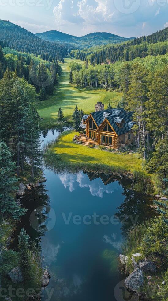 Luxurious log cabin reflecting in a serene mountain lake surrounded by forest photo