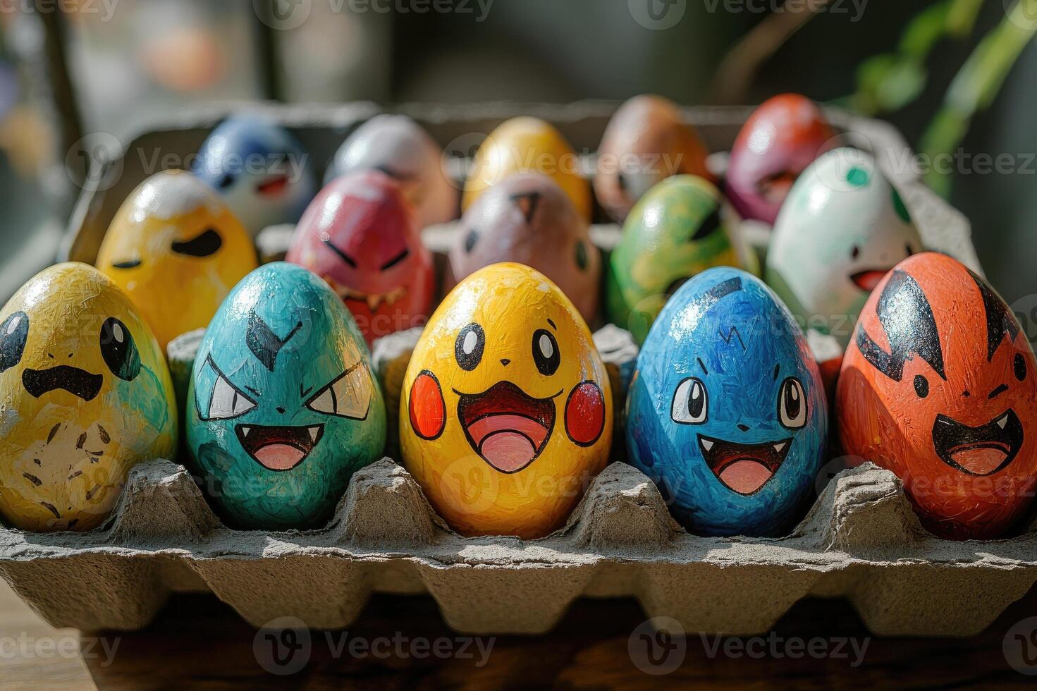 Ten colorful pokemon easter eggs smiling in a carton photo