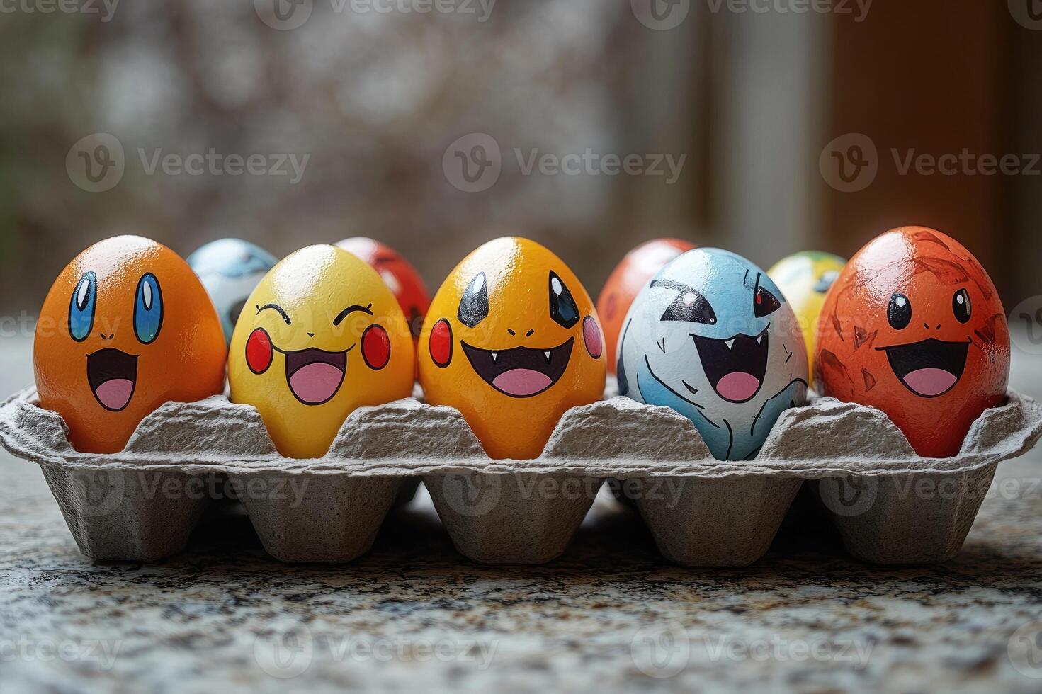 Colorful pokemon easter eggs resting in carton on bed of green moss photo