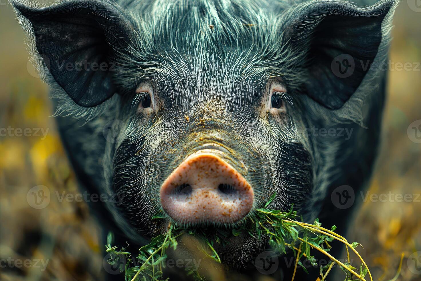 Curious pig lying in grass on a farm photo