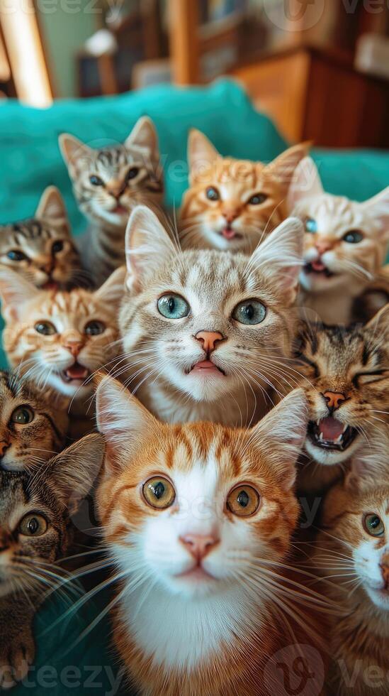 Many curious cats posing on turquoise sofa photo