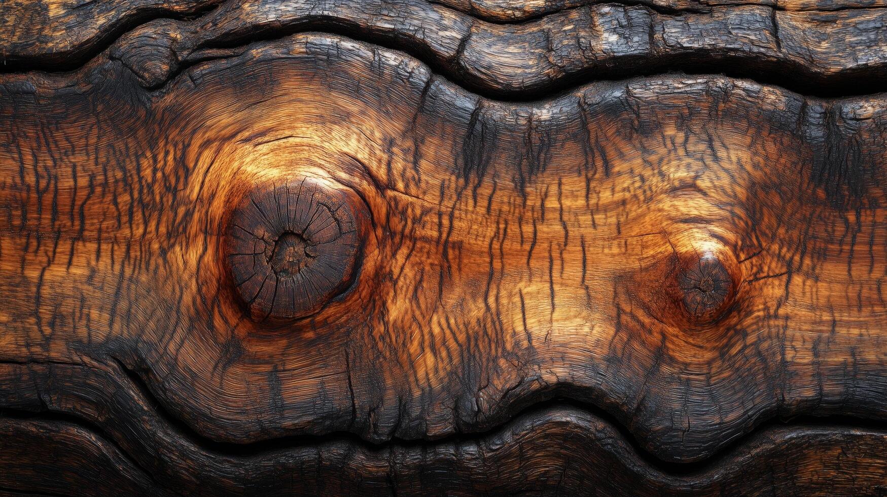 The wood grain is very rough and has a lot of knots. The wood is burnt and has a dark brown color photo