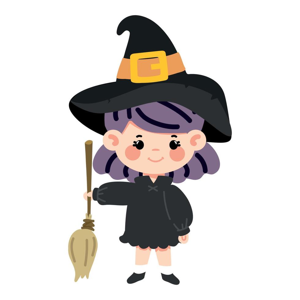 Cute little witch with broom vector