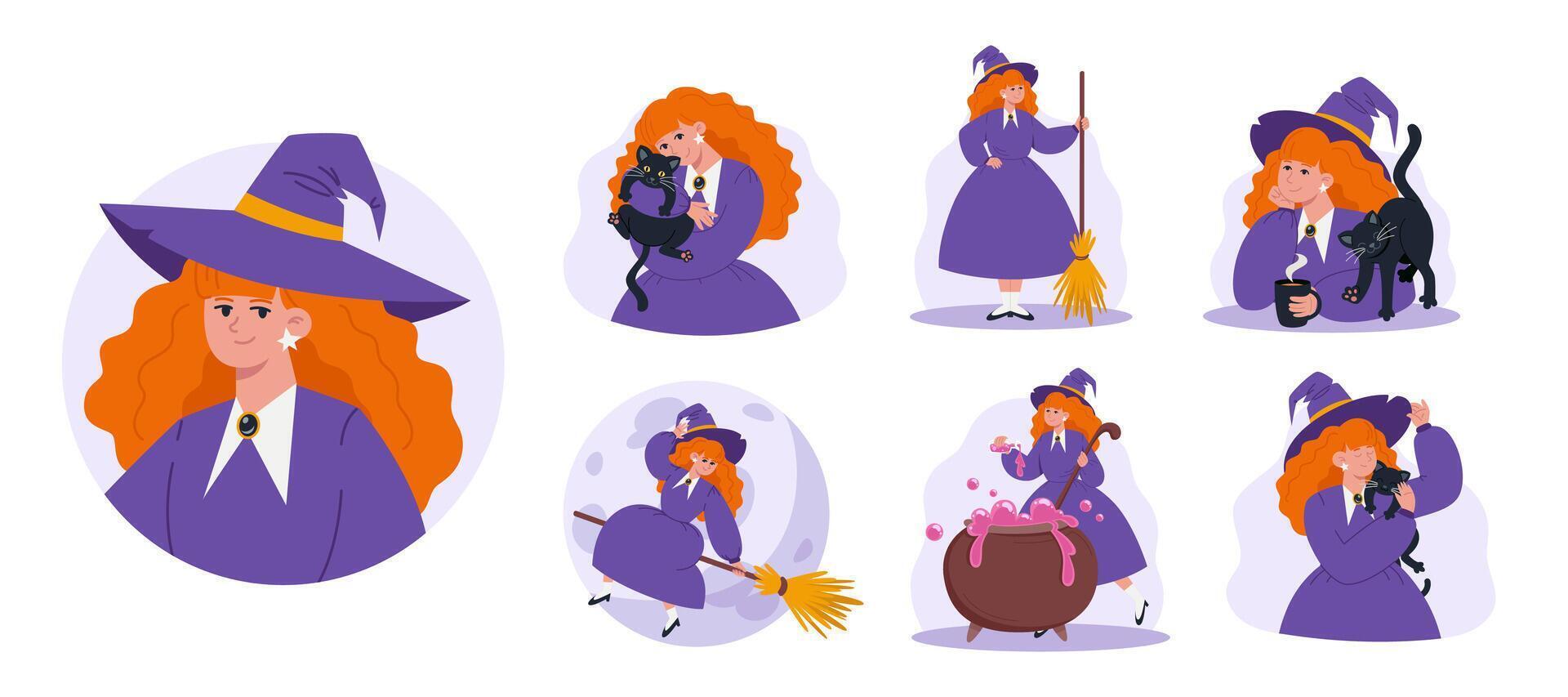 Halloween Witch with red hair Character Set in flat style vector
