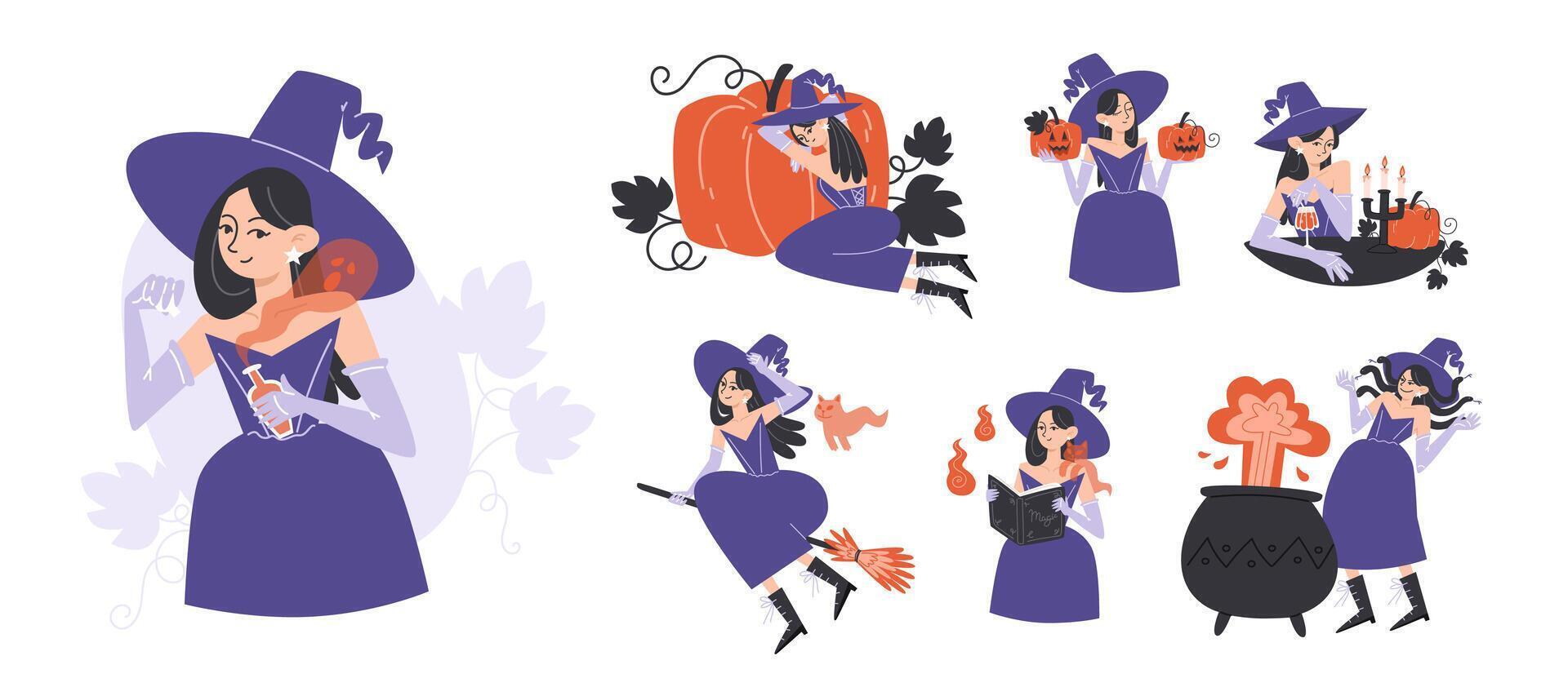 Halloween Witch Character Set in flat style vector