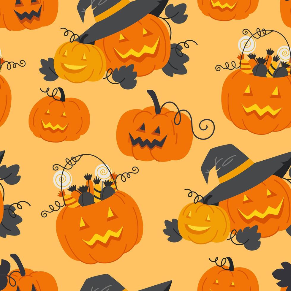 Seamless Pattern of Pumpkin Lanterns with Faces for Halloween vector