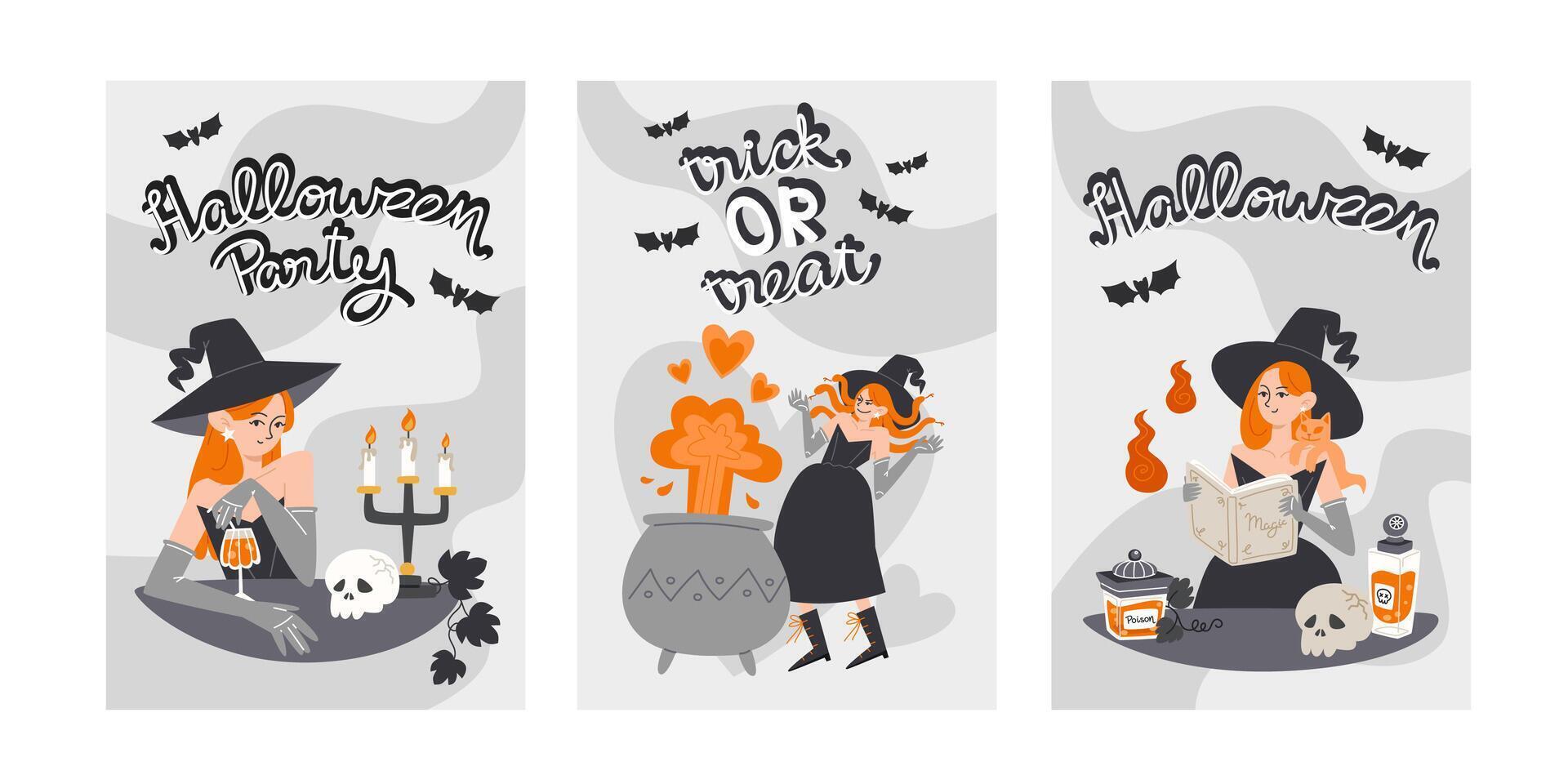 Set of Three Halloween Posters with Red Haired Witch vector