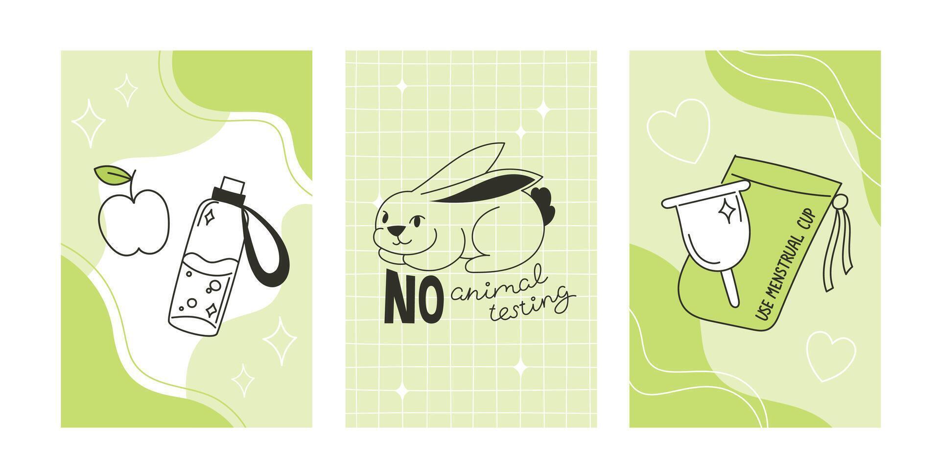 Eco-Friendly Poster Set, Sustainability, No Animal Testing, Menstrual Cup Awareness vector
