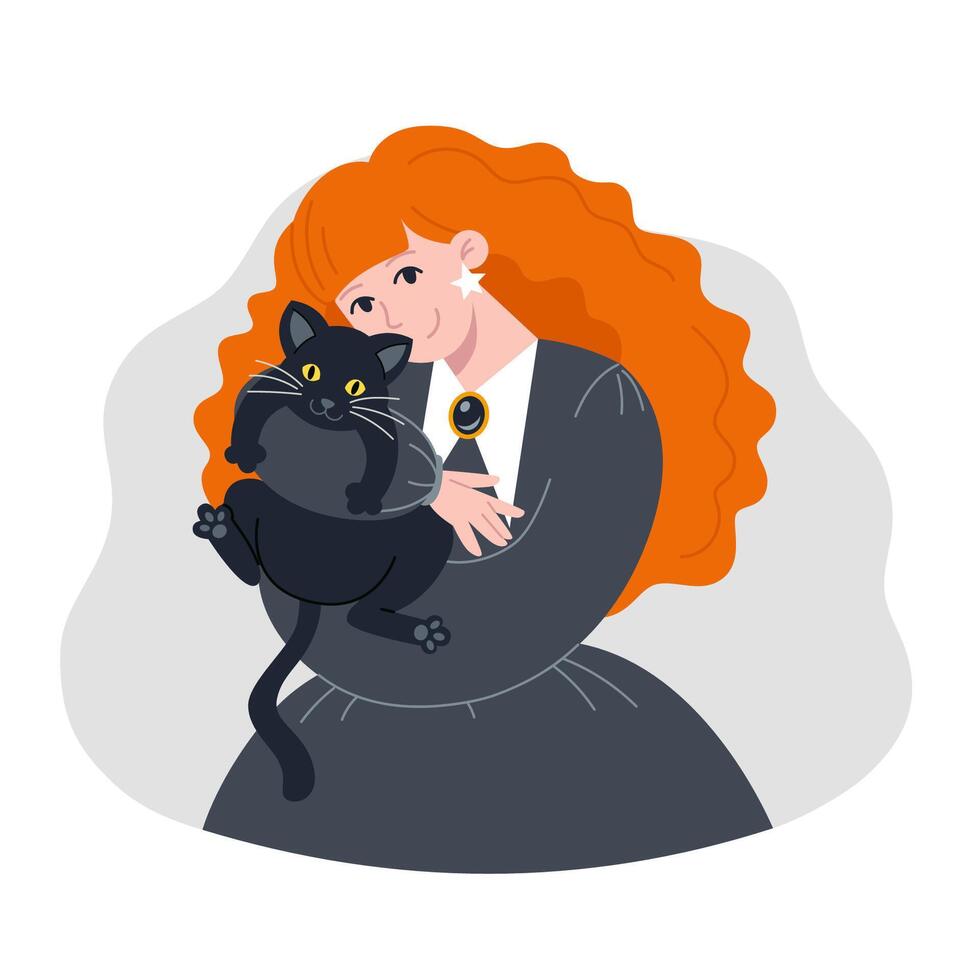 Red Haired Witch in Black Attire is Holding a Black Cat for Halloween vector