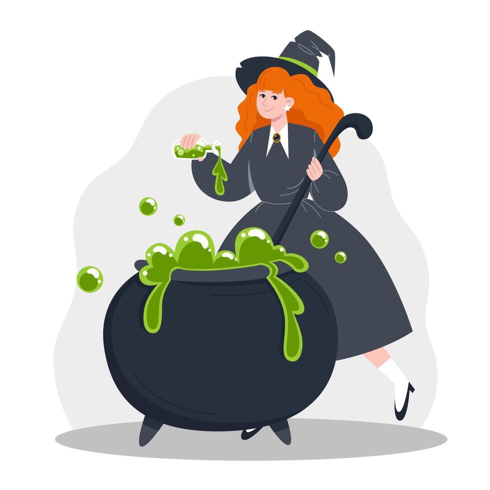Witch in Hat Brewing Green Poisonous Potion in Cauldron vector