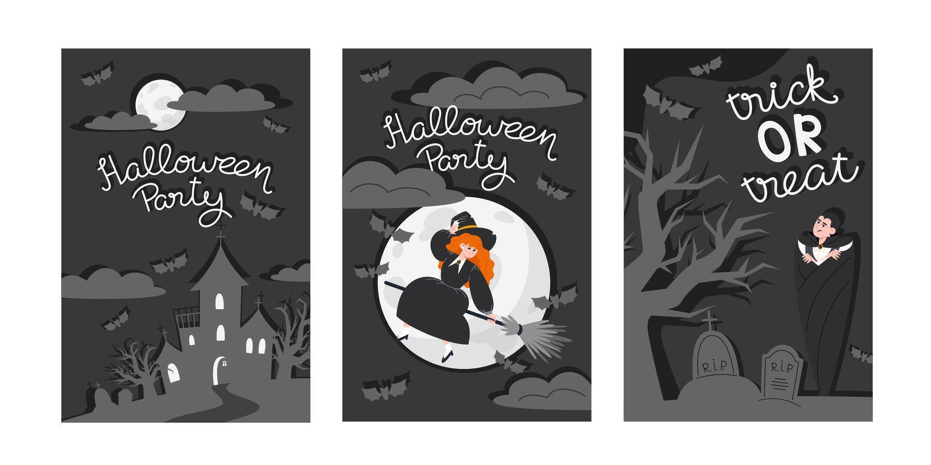 Set of Three Halloween Posters Featuring Vampire, Witch, and Castle vector