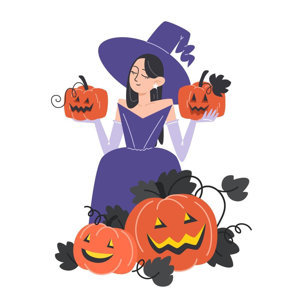 Halloween Witch with Pumpkin Lanterns vector