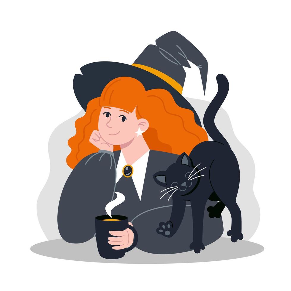 Witch in Hat Drinking Hot Beverage with Black Cat for Halloween vector