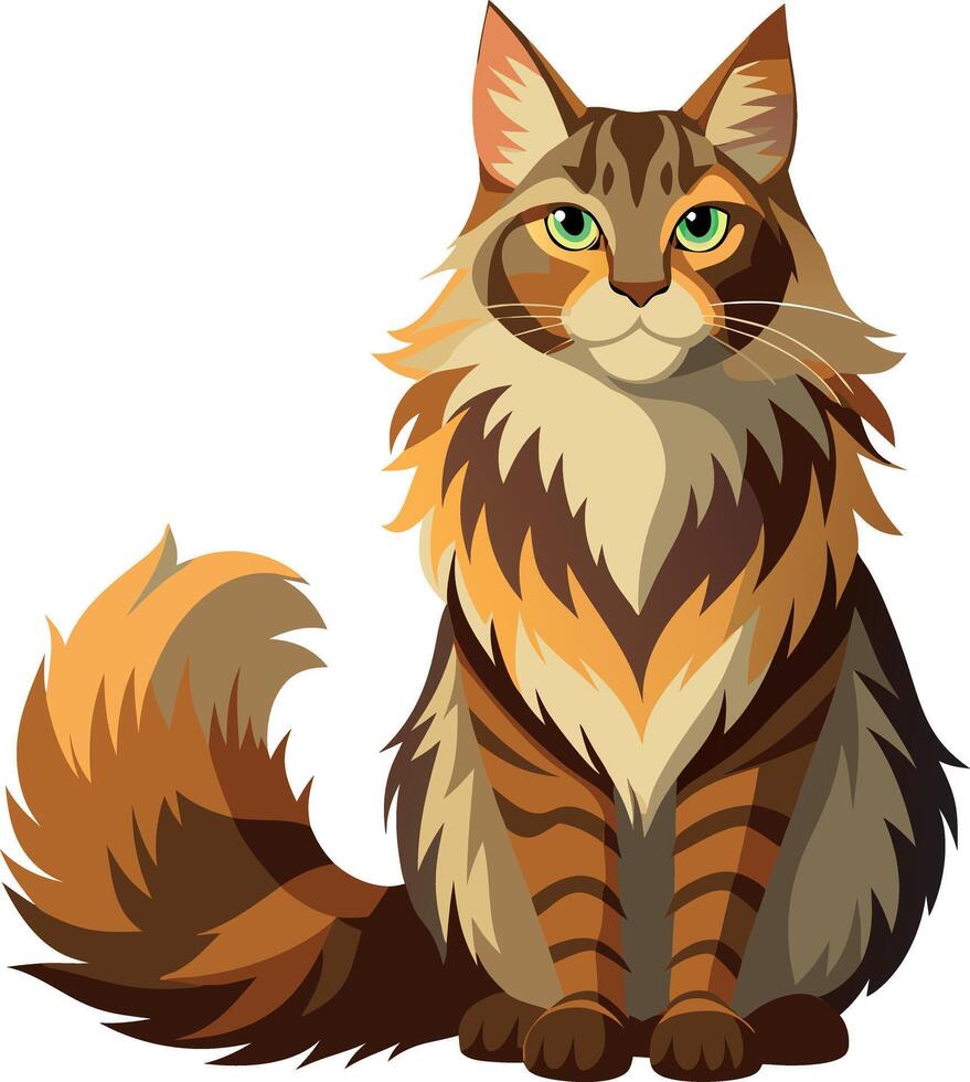 A cat with a long tail and a green eye is sitting on a white background vector