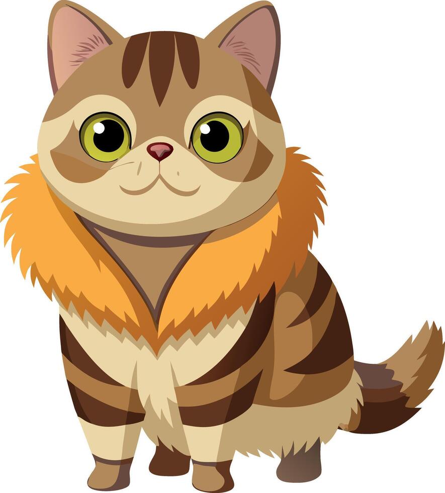 A cat with a fur coat and a yellow collar is sitting on a white background vector