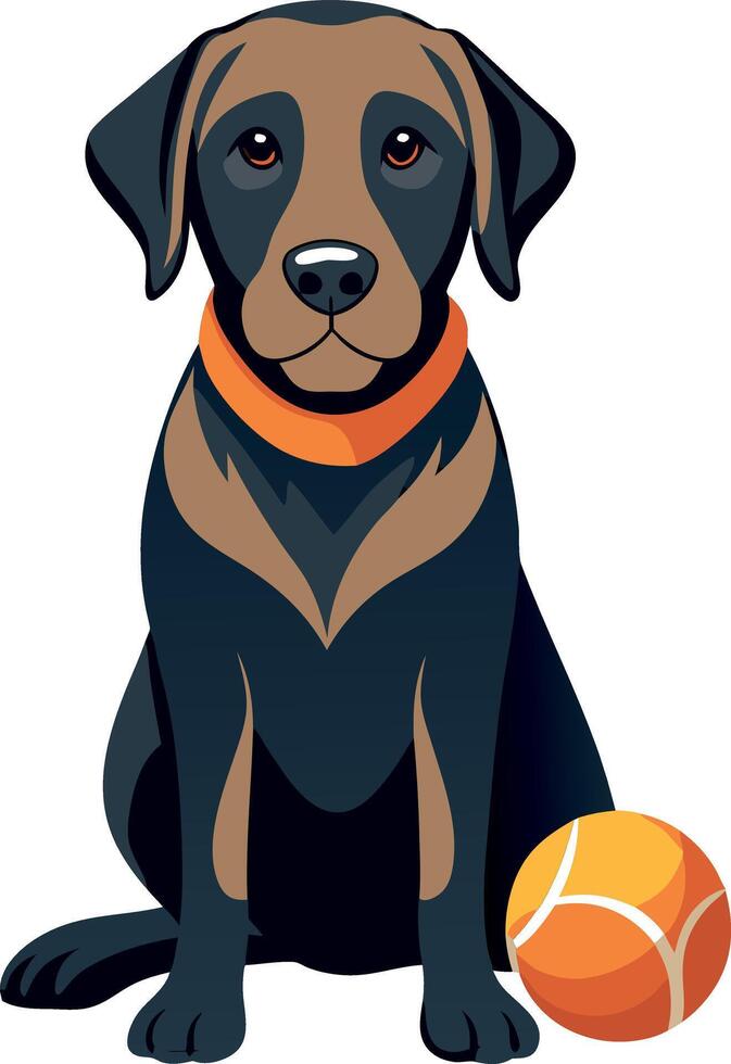 A black dog is sitting on the ground with a tennis ball next to it vector