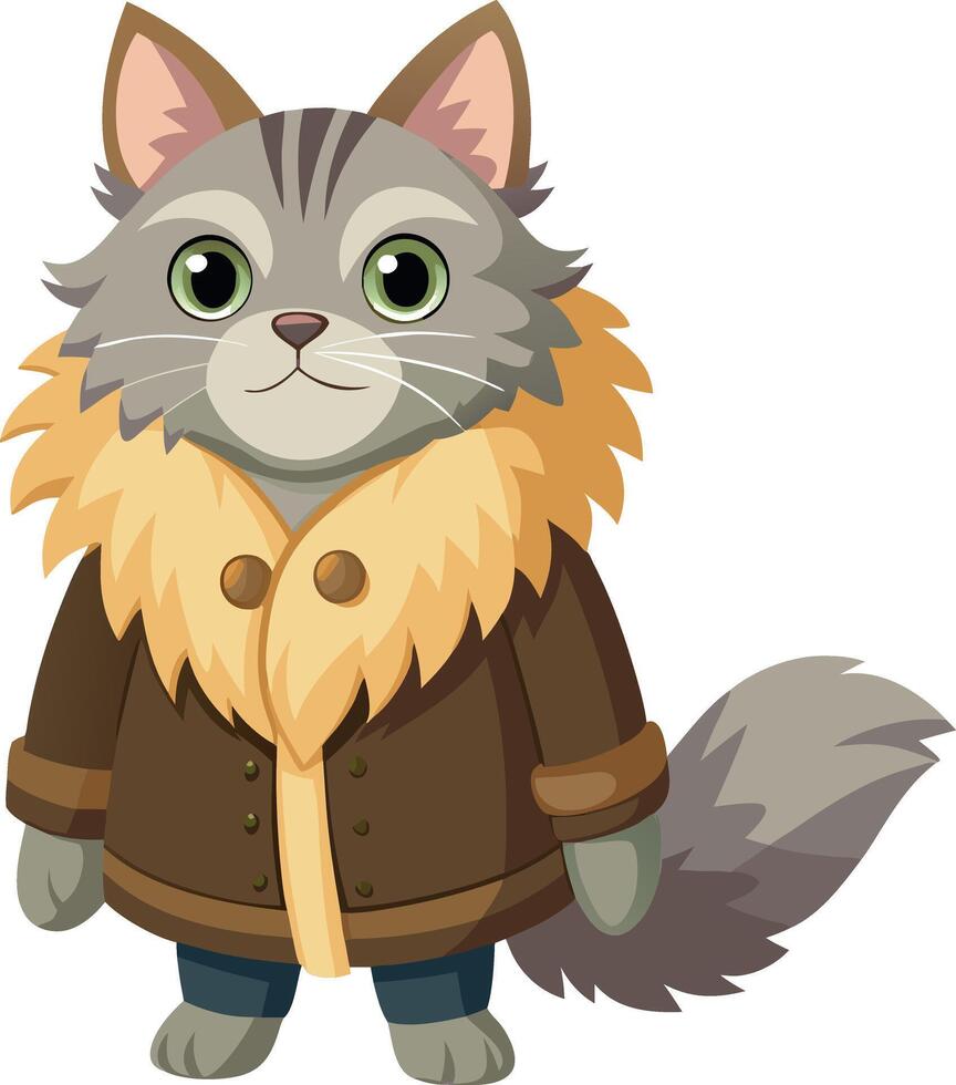 A cat wearing a brown coat and a yellow scarf vector
