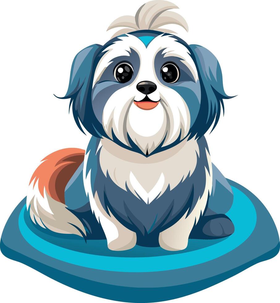 A cute dog is sitting on a blue mat vector