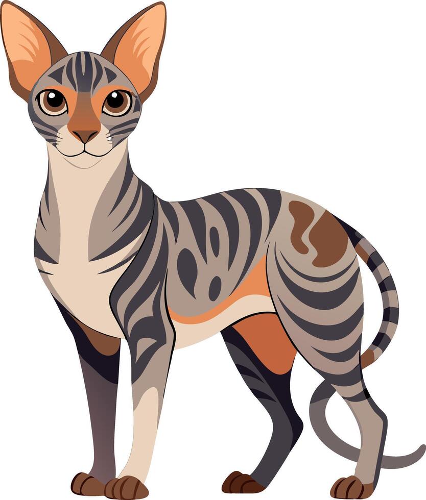 A cat with a striped coat stands in front of a white background vector
