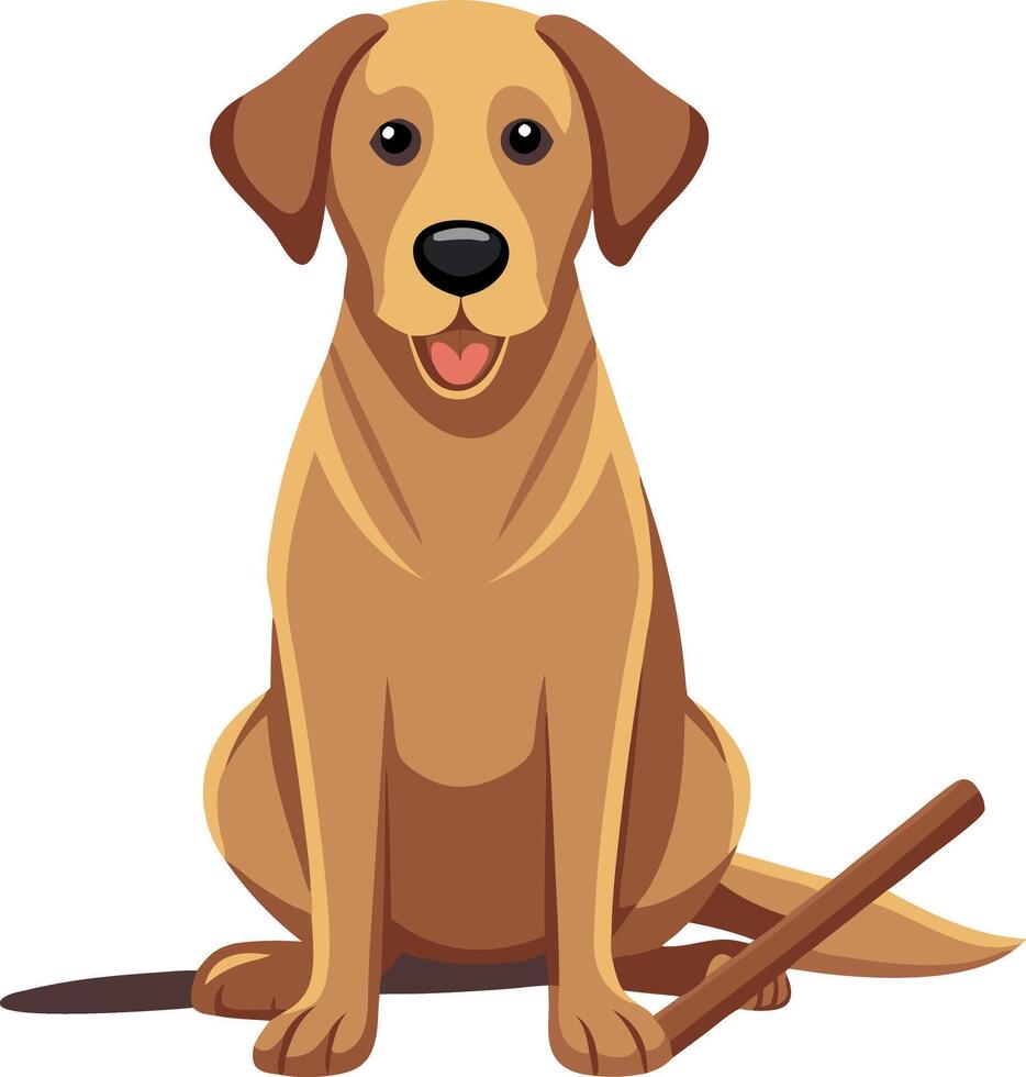 A dog is sitting on the ground with a stick in its mouth vector