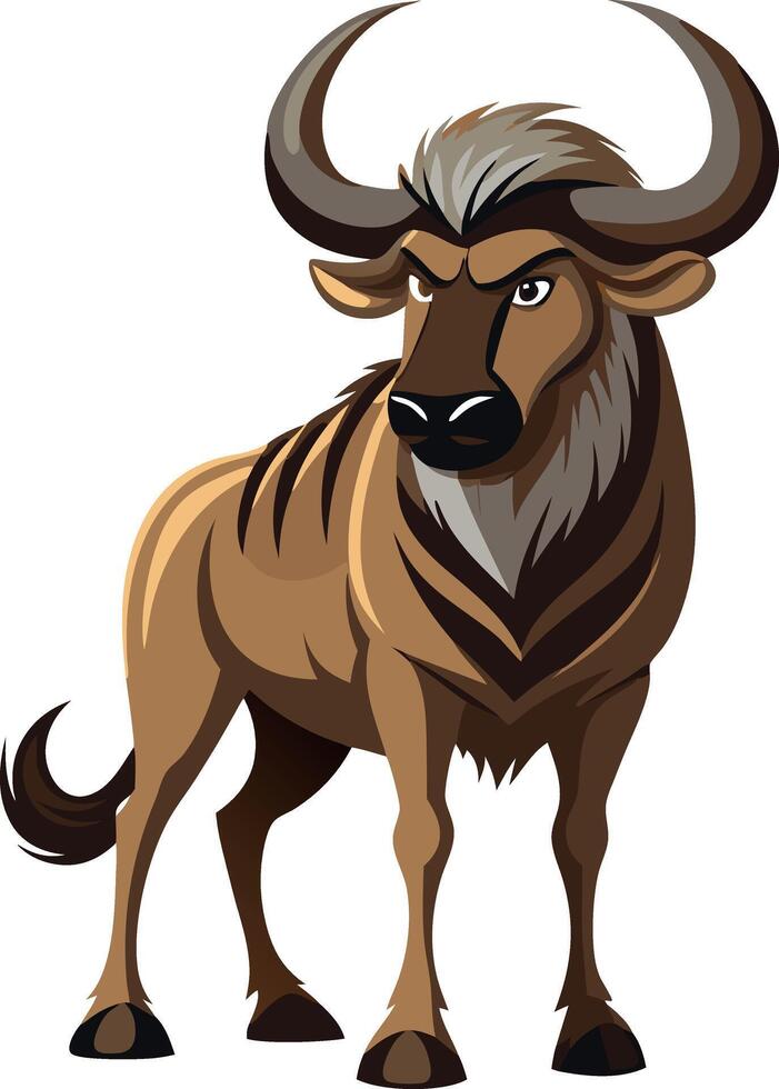 A cartoonish image of a brown and white wildebeest with horns vector