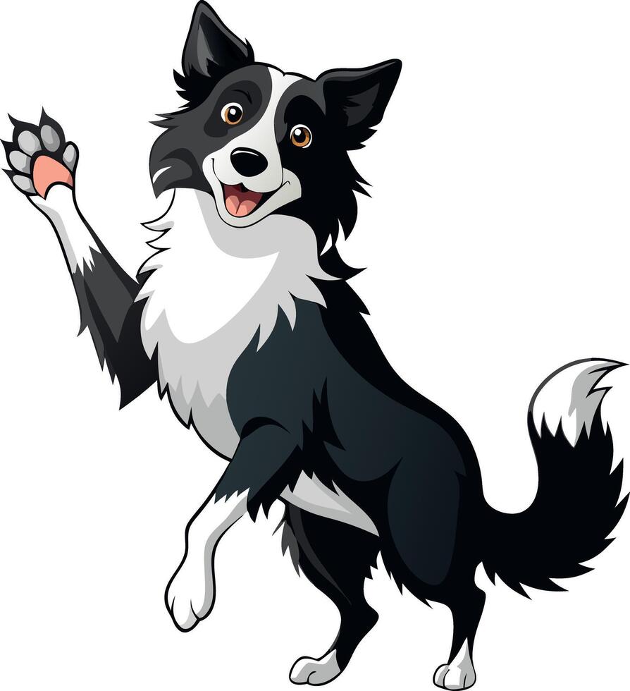 A cartoon dog with a white and black coat is standing up and waving its paw vector