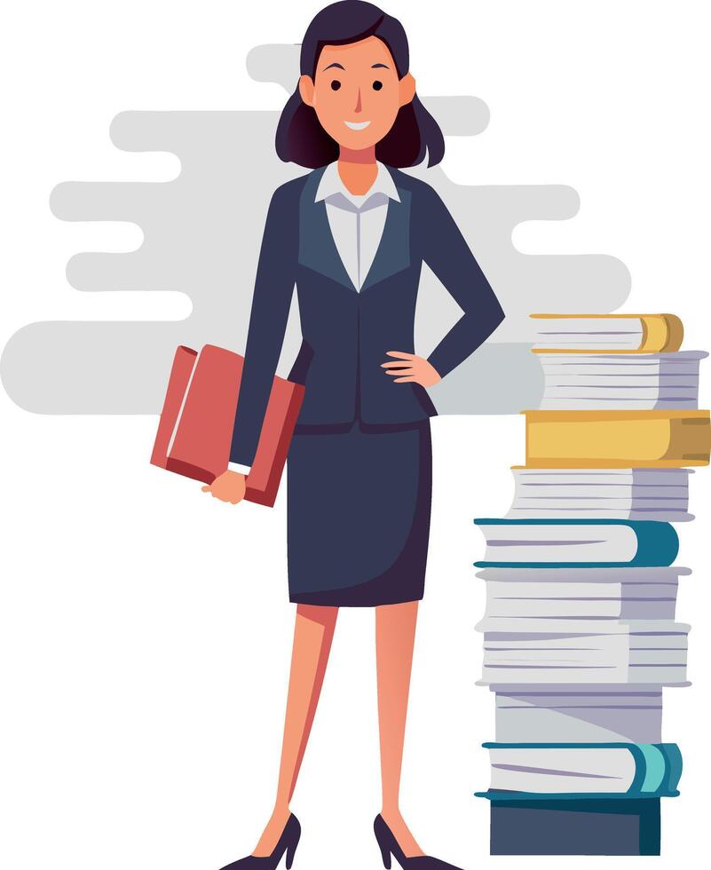 A woman in a business suit stands in front of a stack of books vector