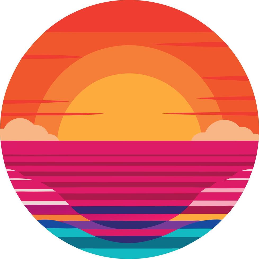 A colorful ocean scene with a large sun in the center vector