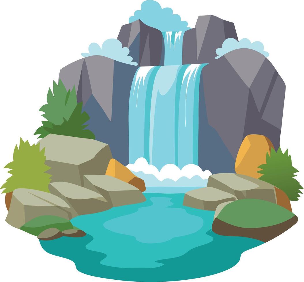 A cartoon drawing of a waterfall with a rock wall behind it vector